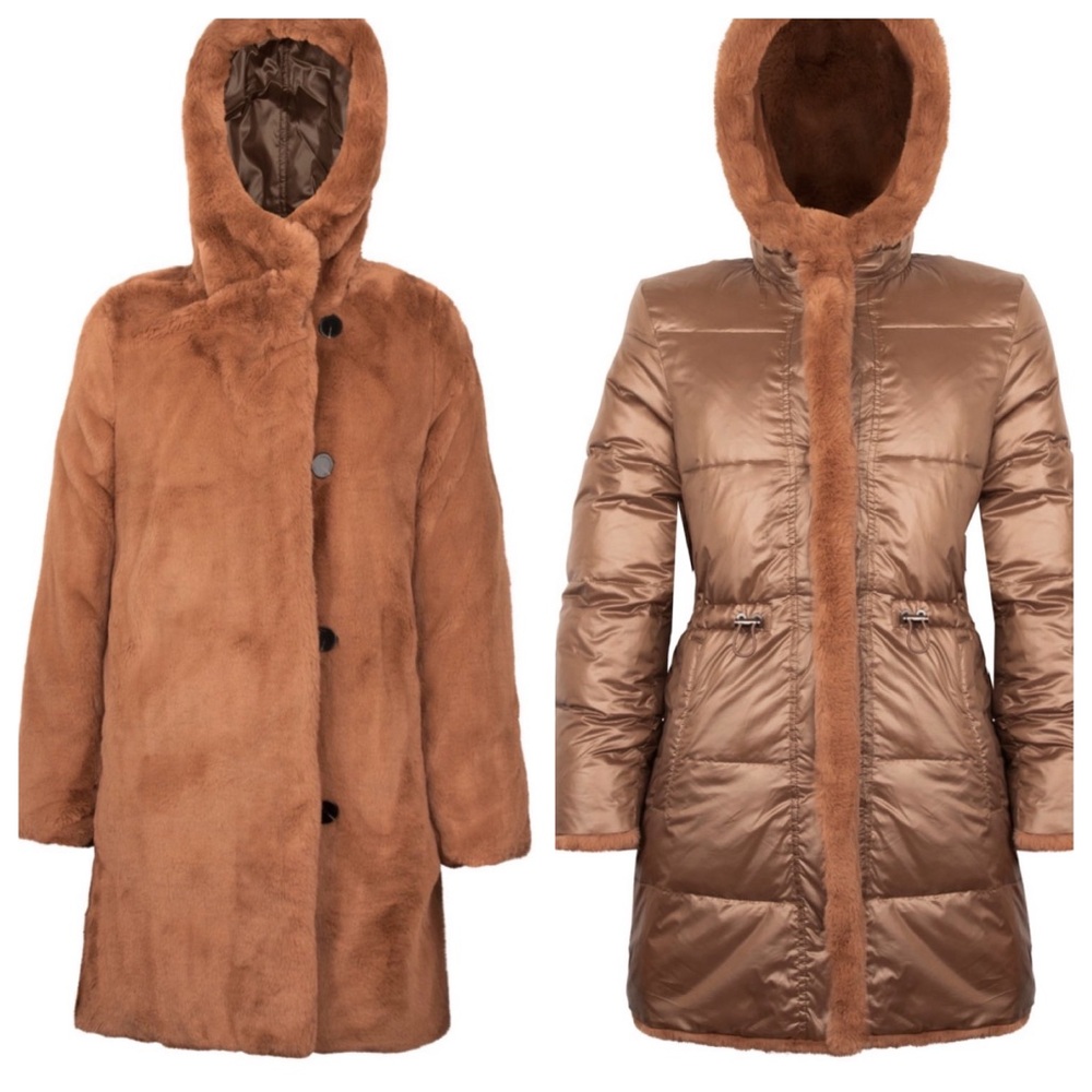 Diane von Furstenberg Medium Brown Faux Fur‎ Reversible Puffer Jacket Coat Hood